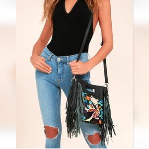 Lulu's Paradise Found Black Embroidered Genuine Leather Purse